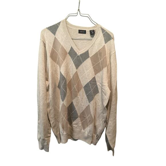 Izod Sweater Men's Large Multicolor Argyle Diamond V-Neck Long Sleeve Pullover - Picture 1 of 4
